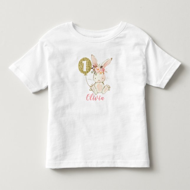 Girls Blommigt Bunny First Birthday T-Shirt (Framsida)