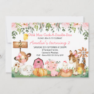Girls Blommigt Farmyard Scene Birthday Inbjudningar