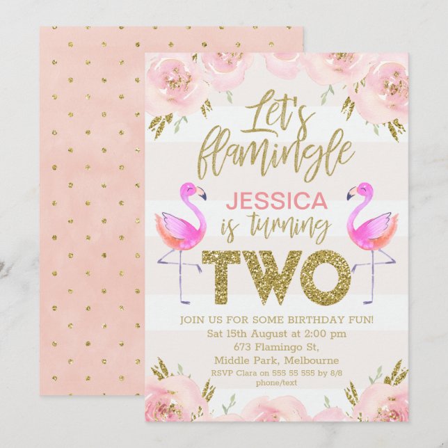 Girls blommigt flamingo 2:a födelsedagsinbjudan inbjudningar (Fram/baksida)