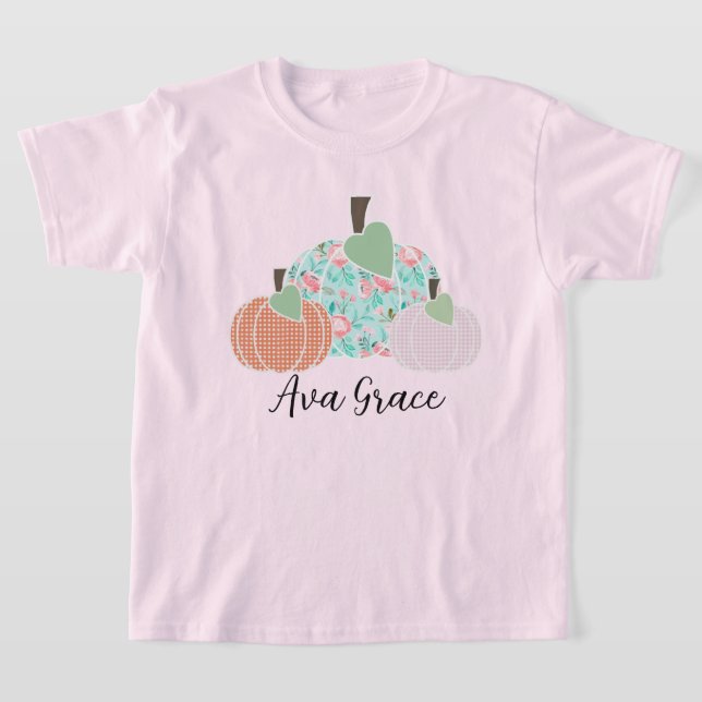 Girls Blommigt Pumpkin Trio-Personlig T Shirt (Laydown)