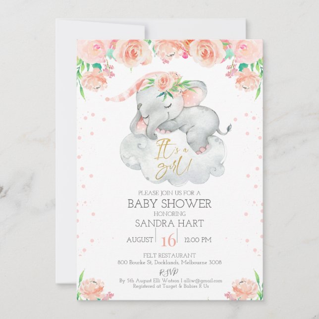 Girls Blommigt Sleeping Elephant Baby Shower Inbjudningar (Framsida)