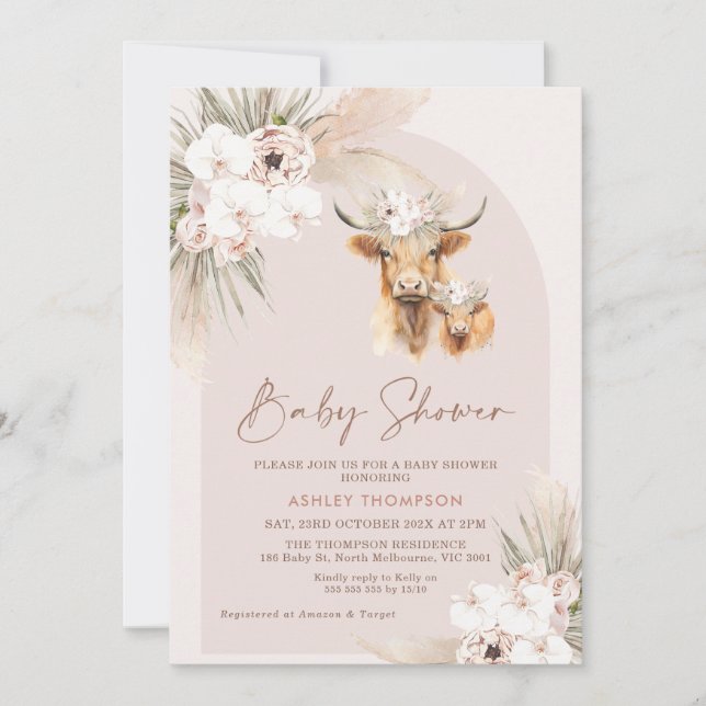 Girls Boho Blommigt Arch Highland Cow Baby Shower Inbjudningar (Framsida)