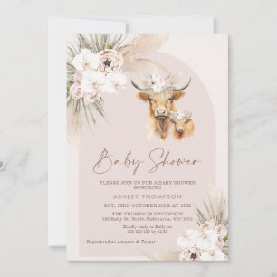 Girls Boho Blommigt Arch Highland Cow Baby Shower Inbjudningar