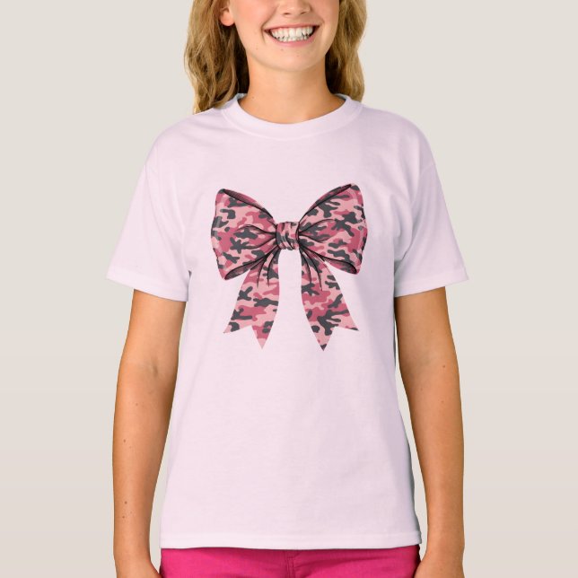 Girls Camouflage Pink Coquette Bow Old Camo Kids T Shirt (Framsida)