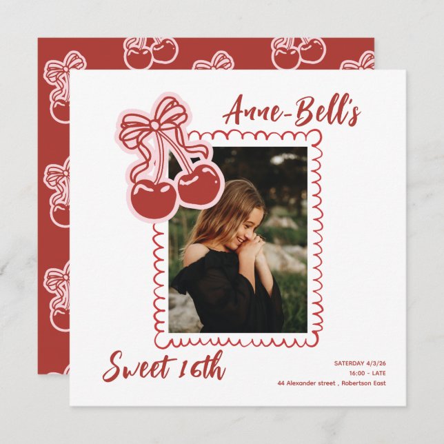 Girls Cherry Sweet 16th Birthday Invitation Inbjudningar (Fram/baksida)
