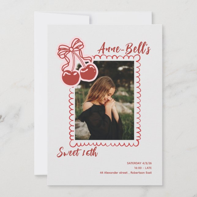 Girls Cherry Sweet 16th Birthday Invitation Inbjudningar (Framsida)
