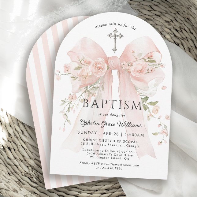 Girl's Christian Baptism Pink Floral Bow Inbjudningar (Available in both printed and instant download digital formats.)