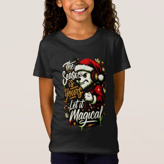 Girls' Christmas Bear DJ Edgy Holiday Magic Tee  (Framsida)