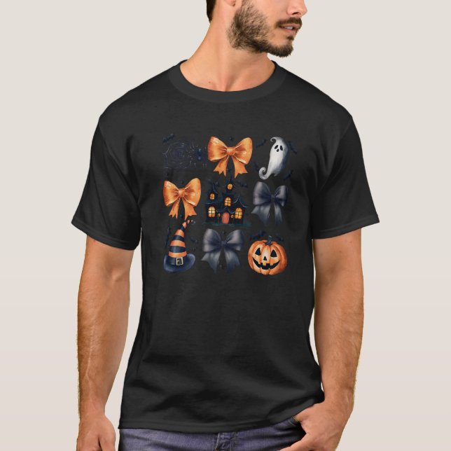 Girls Coquette Spooky Bow Witch Hat Pumpkin Ghost  T Shirt (Framsida)