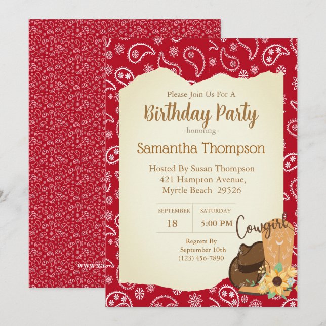 Girls Cowboy Birthday Red Bandana Sunblomma Inbjudningar (Fram/baksida)