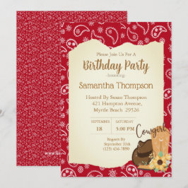 Girls Cowboy Birthday Red Bandana Sunblomma Inbjudningar