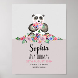 Girls Cute Blommigt Panda Birth Stats Baby Nursery Poster