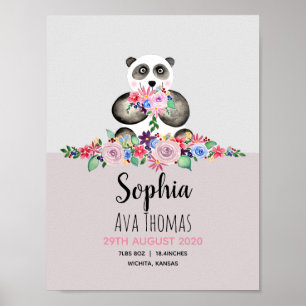 Girls Cute Blommigt Panda Birth Stats Baby Nursery Poster