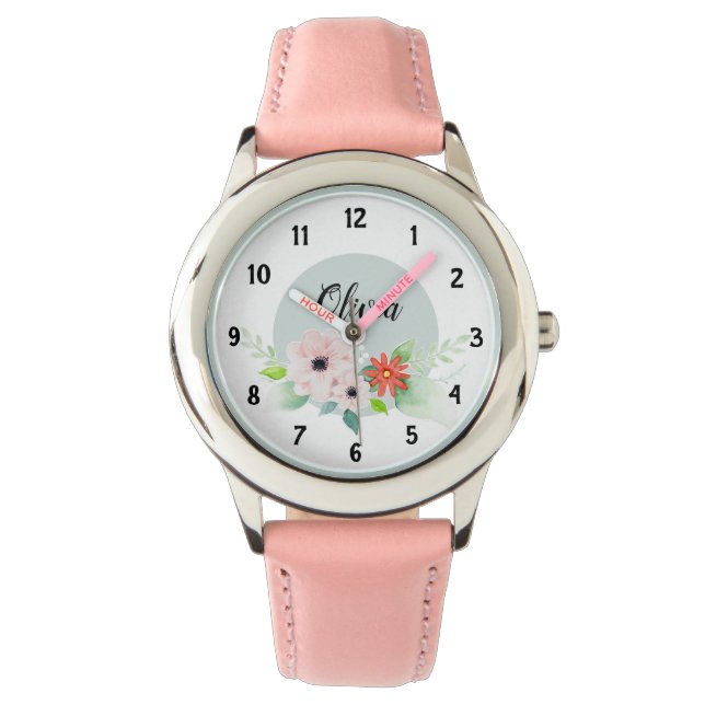 Girls Cute Blommigt Watercolor Flowers och Namn Ki Armbandsur (Framsida)