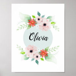 Girls Cute Blommigt Watercolor Flowers och Namn Poster