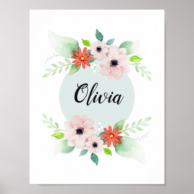 Girls Cute Blommigt Watercolor Flowers och Namn Poster (Framsidan)