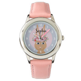 Girls Cute Blommigt Watercolor Rabbit och Namn Kid Armbandsur