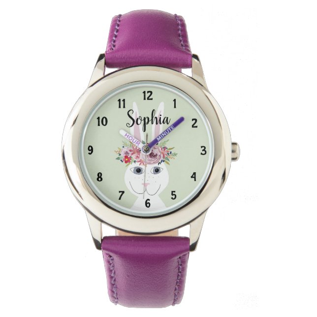 Girls Cute Blommigt Watercolor Rabbit och Namn Kid Armbandsur (Framsida)