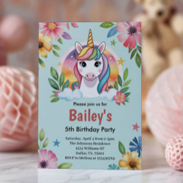 Girls Cute Blue Unicorn Barns födelsedag Inbjudningar