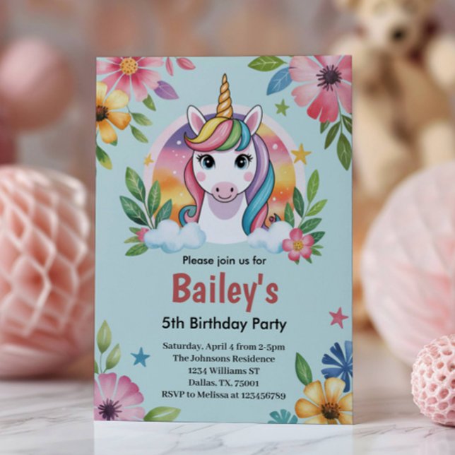 Girls Cute Blue Unicorn Barns födelsedag Inbjudningar (Skapare uppladdad)