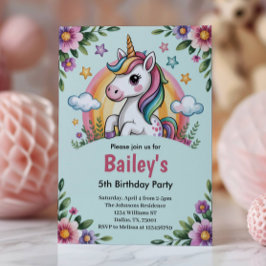 Girls Cute Blue Unicorn Barns födelsedag Inbjudningar