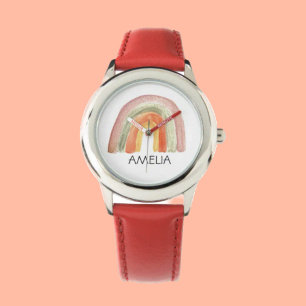 Girls Cute Boho Watercolor Rainbow och Namn Armbandsur