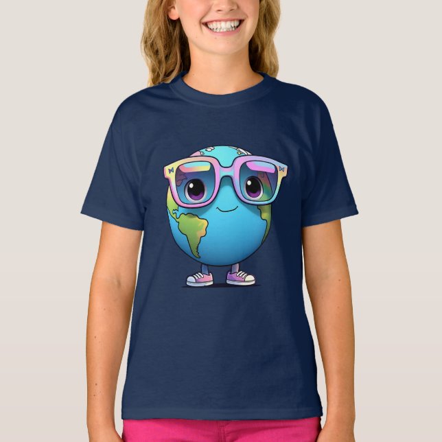 Girls' Cute Earth Cartoon Tee with Glasses (Framsida)