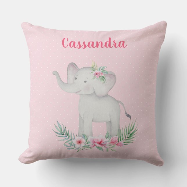 Girls Cute Grått Elephant Rosa Flowers Polka dots Kudde (Framsida)