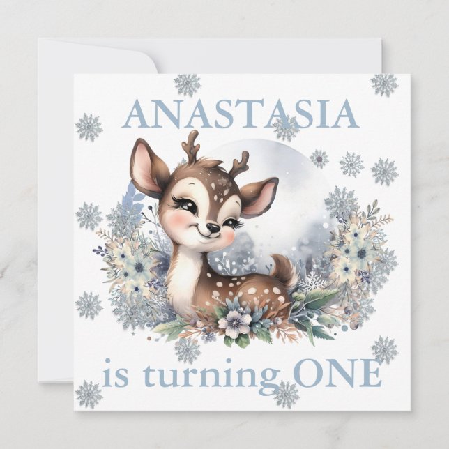 Girls Cute Hjort Forest Winter Theme Birthday Blue Inbjudningar (Framsida)
