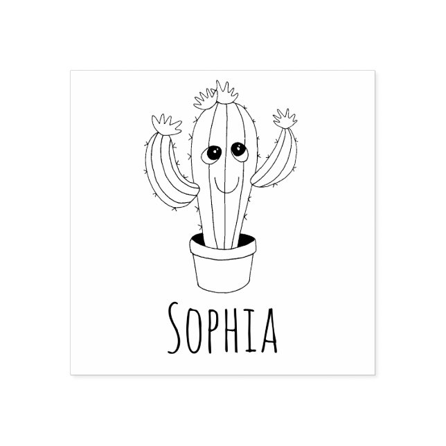 Girls Cute Kawaii Cactus & Namn School Bookplate Stämpel (Tryck)