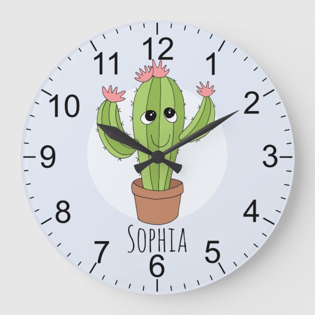 Girls Cute Kawaii Cactus Plant och Namn Kids Stor Klocka (Framsida)