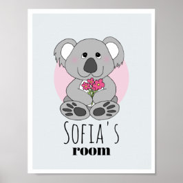 Girls Cute Koala Bear Tecknad & Namn Kids Room Poster