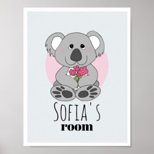 Girls Cute Koala Bear Tecknad & Namn Kids Room Poster