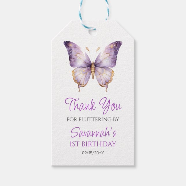Girls Cute Lila Butterfly 1:a födelsedagen Party Presentetikett (Framsidan)