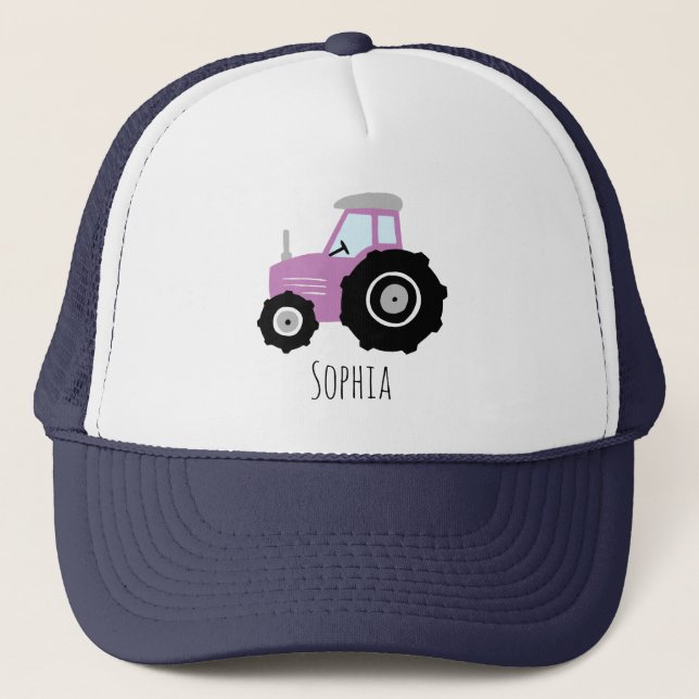 Girls Cute Lila Farm Tractor och Namn Kids Keps (Framsida)