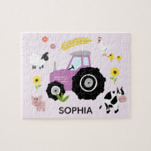 Girls Cute Lila Farm Tractor och Namn Kids