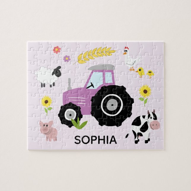 Girls Cute Lila Farm Tractor och Namn Kids Pussel (Horisontell)