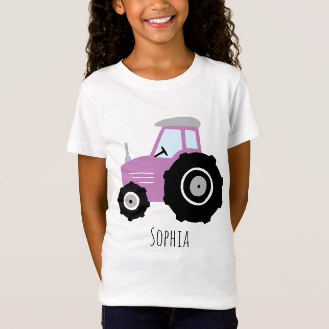 Girls Cute Lila Farm Tractor Tecknad med Namn T Shirt (Framsida)