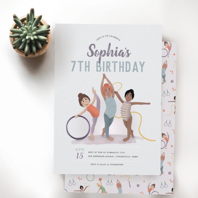 Girls Cute Lila Gymnastics 7:e Birthday Inbjudningar (Skapare uppladdad)