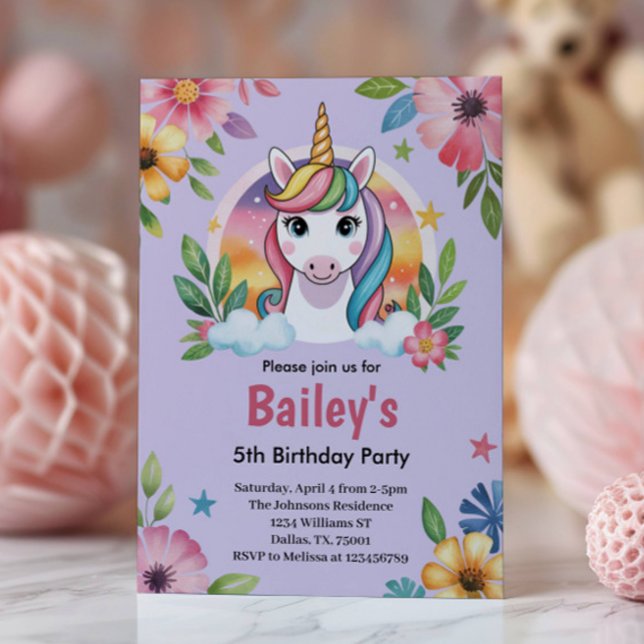Girls Cute Lila Unicorn Barns födelsedag Inbjudningar (Skapare uppladdad)