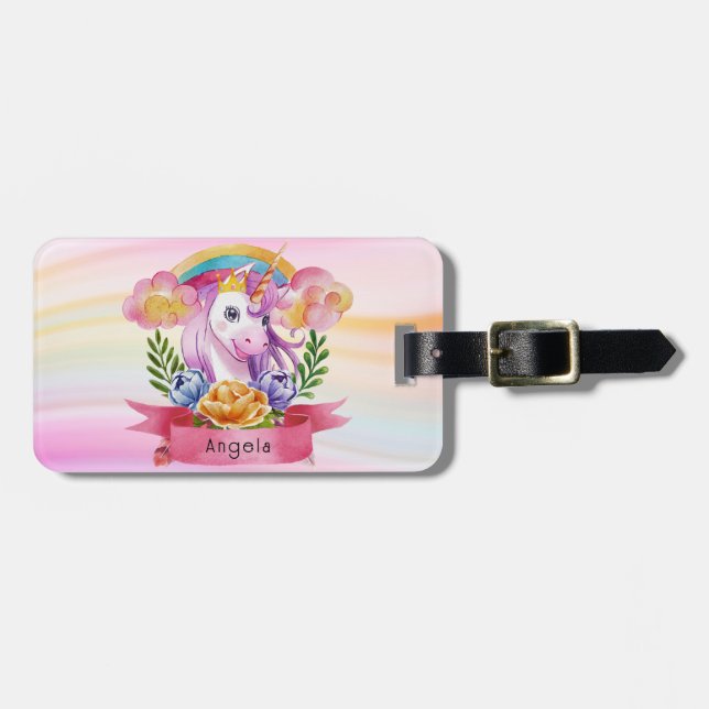 Girls Cute Lila Unicorn Rainbow eget namn Bagagebricka (Horisontell Framsida)