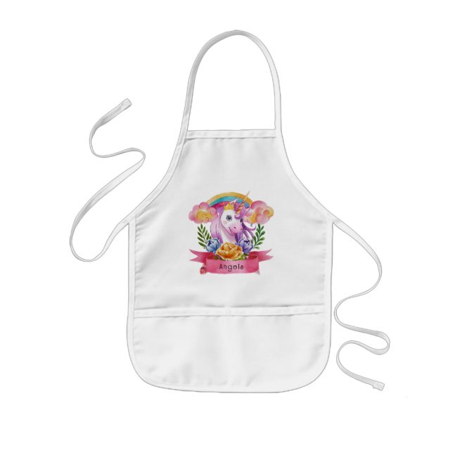 Girls Cute Lila Unicorn Rainbow eget namn Barnförkläde (Framsidan)