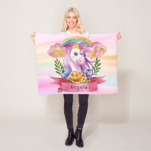 Girls Cute Lila Unicorn Rainbow eget namn Fleecefilt