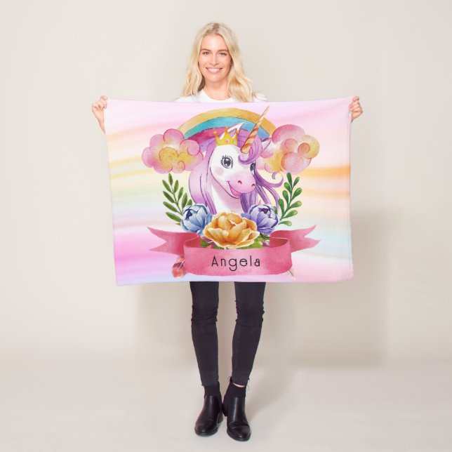 Girls Cute Lila Unicorn Rainbow eget namn Fleecefilt (På plats)