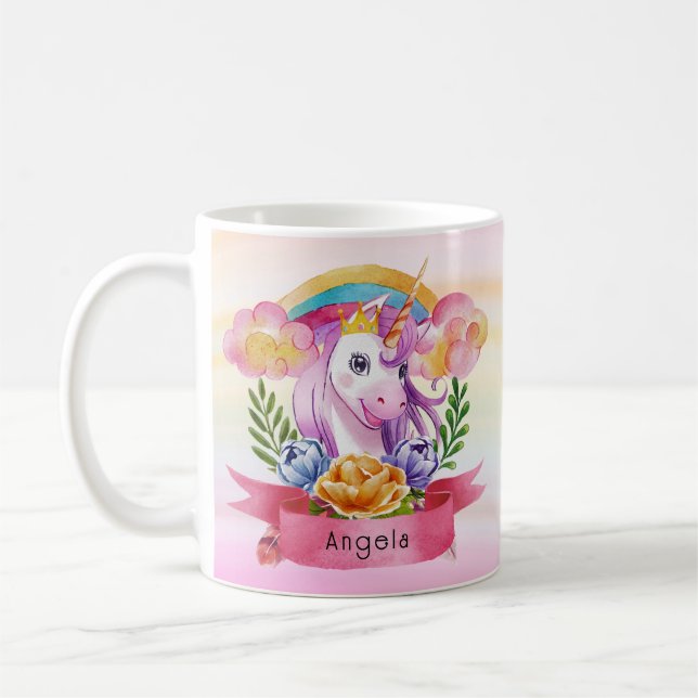 Girls Cute Lila Unicorn Rainbow eget namn Kaffemugg (Vänster)