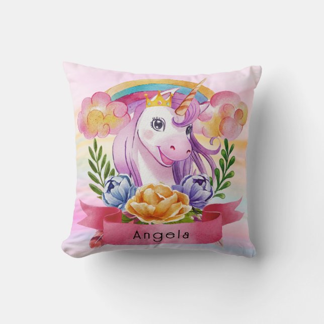 Girls Cute Lila Unicorn Rainbow eget namn Kudde (Framsida)