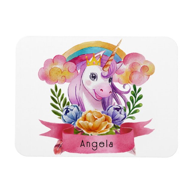 Girls Cute Lila Unicorn Rainbow eget namn Magnet (Horisontell)