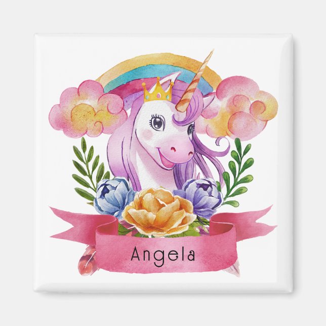 Girls Cute Lila Unicorn Rainbow eget namn Magnet (Framsidan)