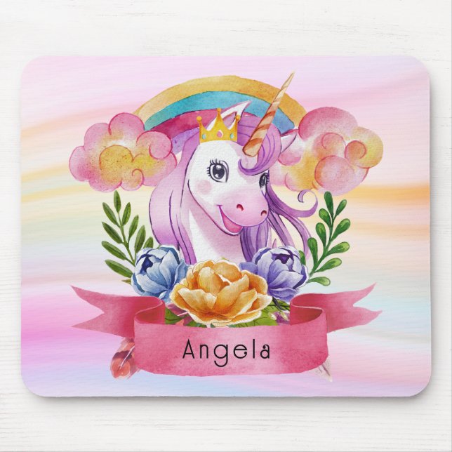 Girls Cute Lila Unicorn Rainbow eget namn Musmatta (Framsidan)