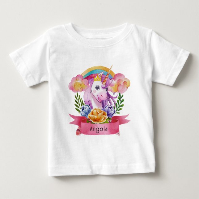 Girls Cute Lila Unicorn Rainbow eget namn T Shirt (Framsida)